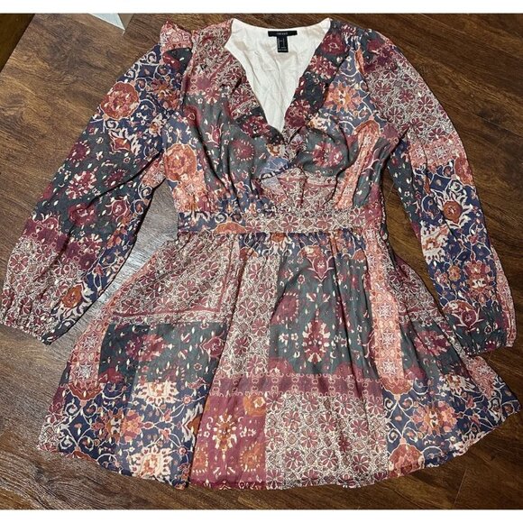 Forever 21 Floral Mini Dress Womens Large Long Sleeve Side Zippered - Picture 3 of 11